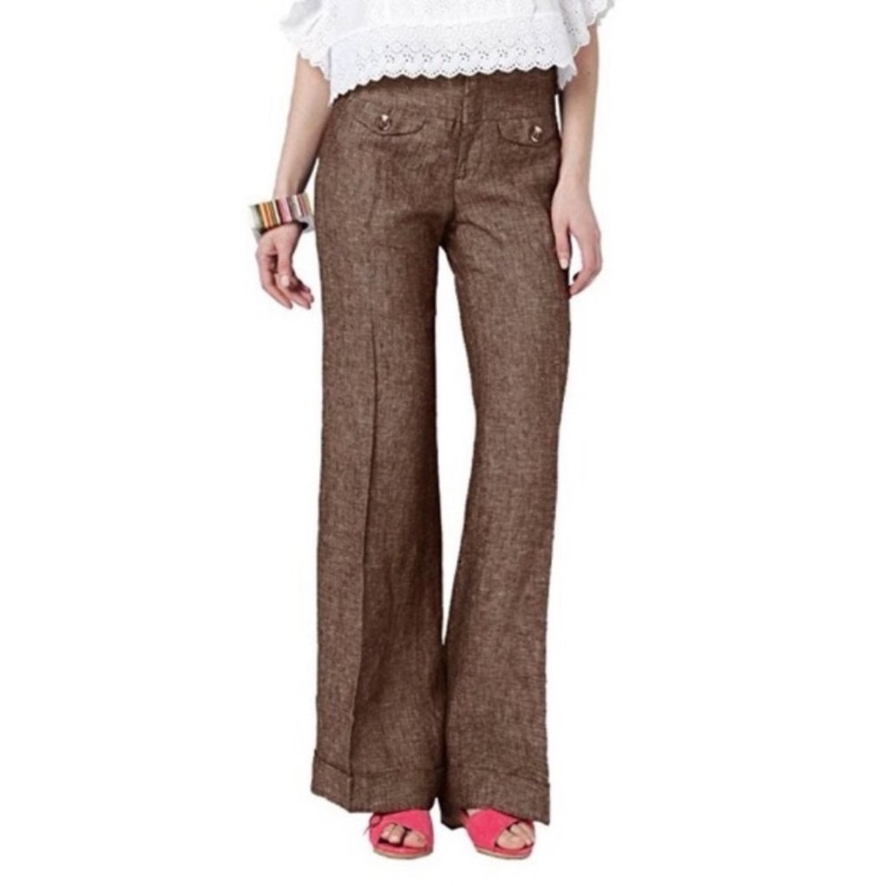 Elevenses Anthropologie Brown Linen Aerial Wide Leg Trousers